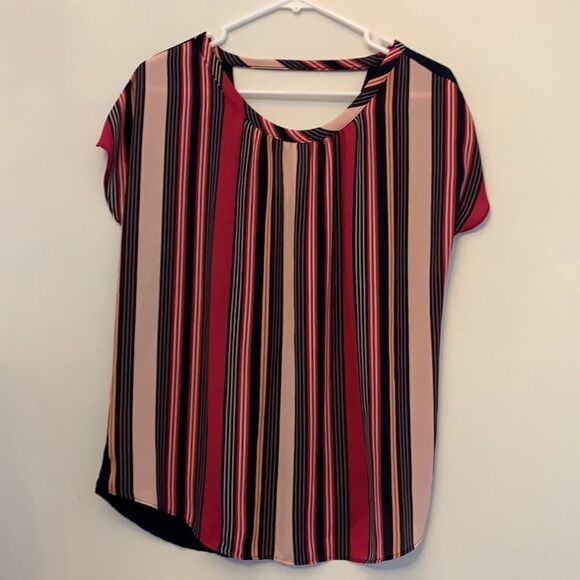 3/$30 Loft outlet pink and navy striped blouse with a navy back Size M Length 25 - Picture 1 of 6